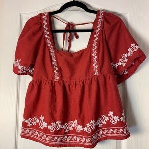 Cottagecore Prairie Boho Embroidered Red Blouse Floral Peasant Top M